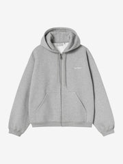 Front view, flat lay, grey fleece zip hoodie with drawstring hood and chest logo