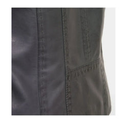 Close-up of grey women's leather jacket stitching and panel detail