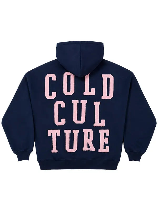 Cold Culture Overtake navy hoodie back view chenille lettering