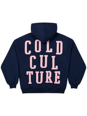 Cold Culture Overtake navy hoodie back view chenille lettering