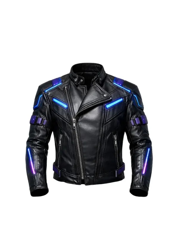 Cyberpunk Neon Black Leather Biker Jacket
