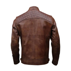 Dark brown quilted leather jacket with stitched shoulders, shown from the back on white background.