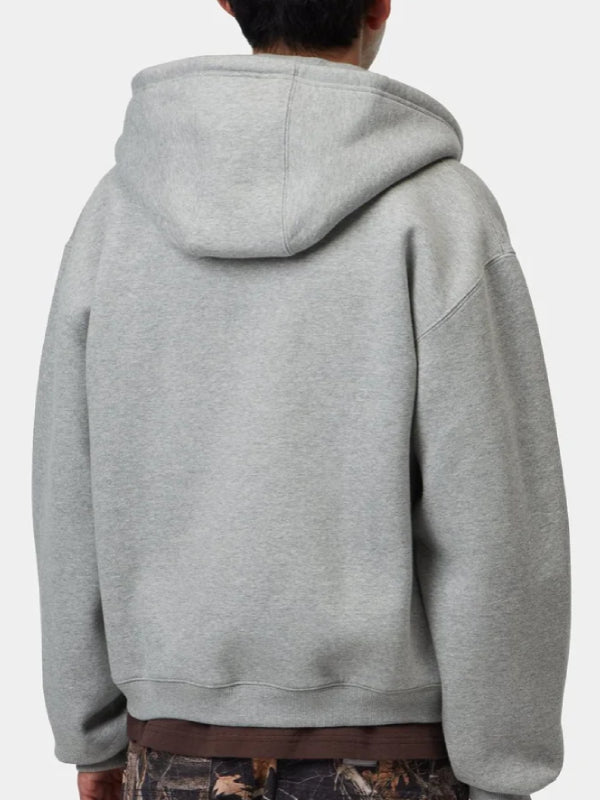 Heather grey hoodie back panel showing hood and dropped shoulder seams