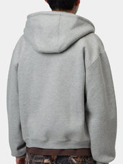 Heather grey hoodie back panel showing hood and dropped shoulder seams