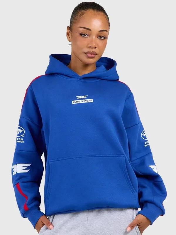 Blue Western Bulldogs AFL x Elite Eleven Retro Hoodie with hood, kangaroo pocket, and graphic sleeves