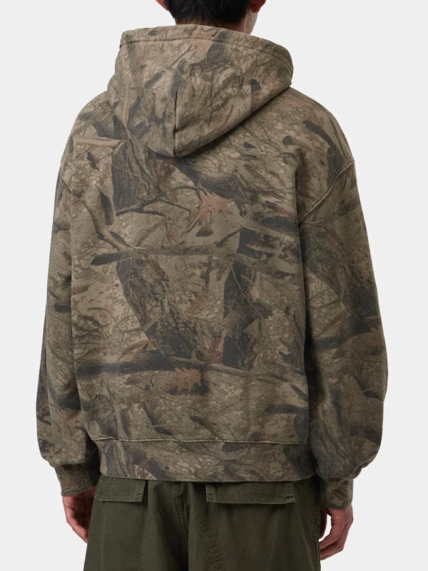 Woodland tan camo hoodie back panel showing hood and dropped shoulder seams