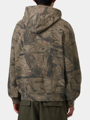 Woodland tan camo hoodie back panel showing hood and dropped shoulder seams