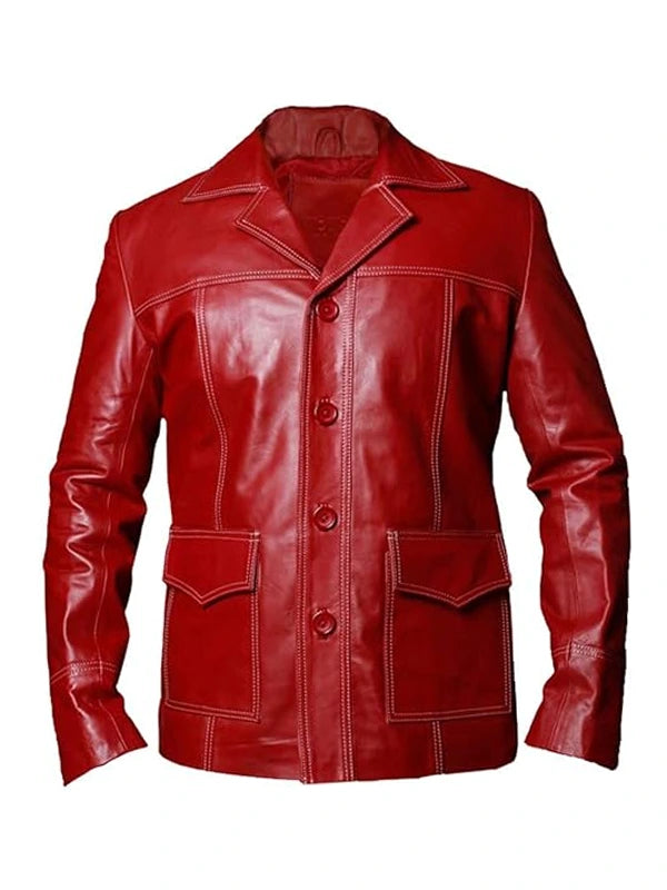 Men's Brad Pitt Fight Club Tyler Durden Red Leather Coat