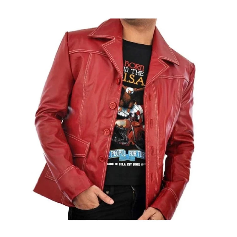 Men's Brad Pitt Fight Club Tyler Durden Red Leather Coat