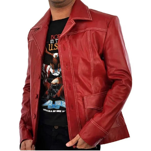 Men's Brad Pitt Fight Club Tyler Durden Red Leather Coat