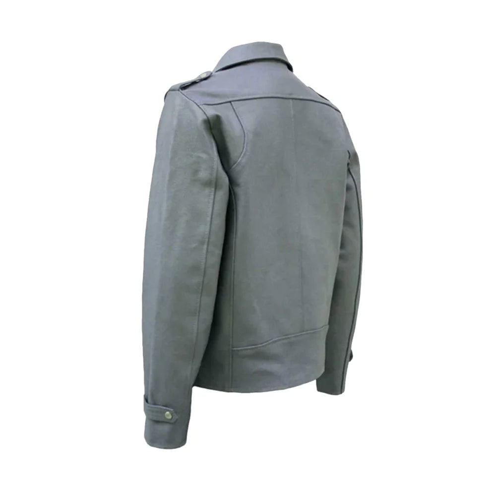 Biker Grey Lapel Style Genuine Leather Jacket