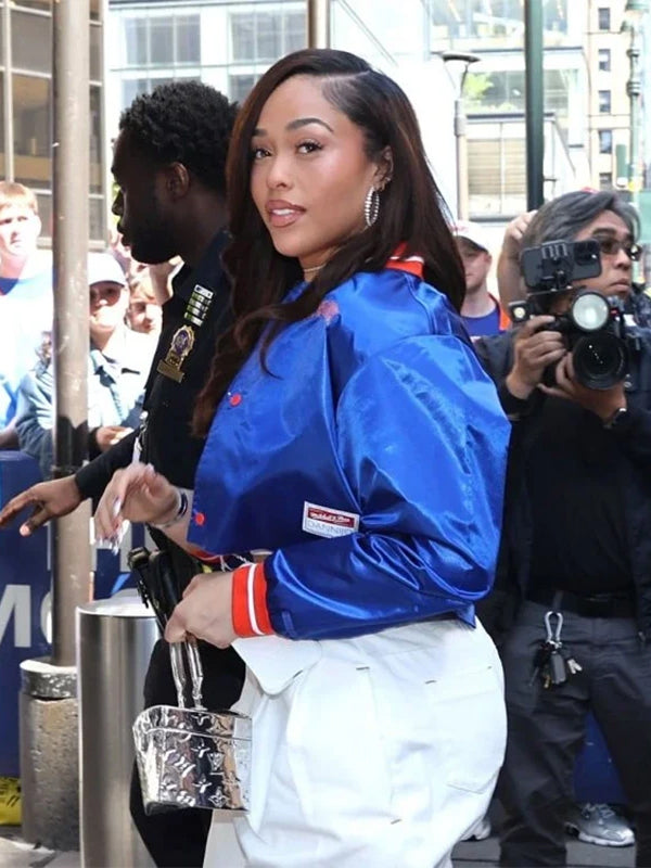 Jordyn Woods Knicks Game Crop Satin Jacket Blue
