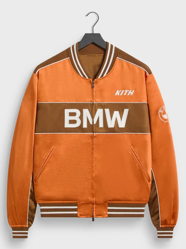 Kith BMW Souvenir Moto jacket orange front view studio shot