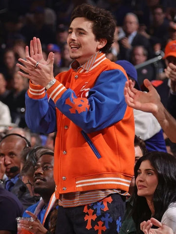 Knicks vs. Pacers game Timothee Chalamet Varsity Jacket Orange and Blue