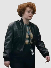 Leah Byrne Black Leather Bomber Jacket