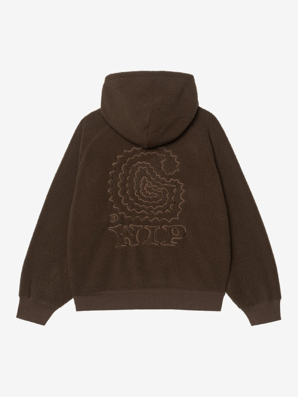 Tonal spiral graphic embroidered on brown fleece hoodie back panel