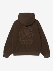 Tonal spiral graphic embroidered on brown fleece hoodie back panel