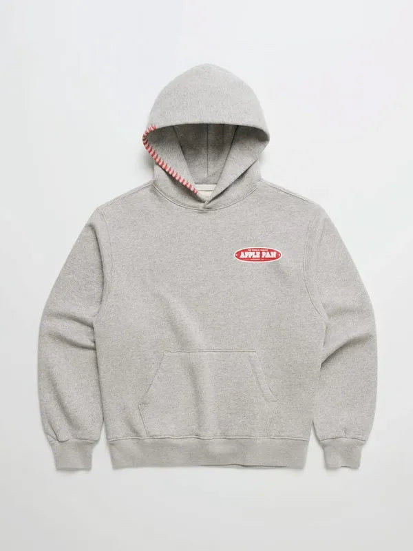 Gray Madhappy Apple Pan Pie fleece hoodie with small Apple Pan logo and kangaroo pocket