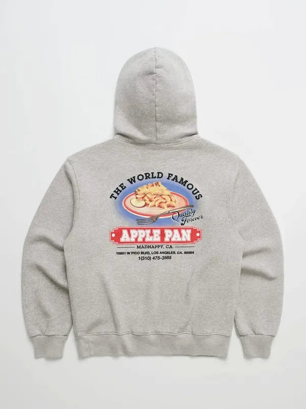 Gray Madhappy Apple Pan Pie fleece hoodie with large vintage restaurant graphic on back