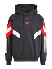Manchester United black retro hoodie front view with red devil crest and chevron panels