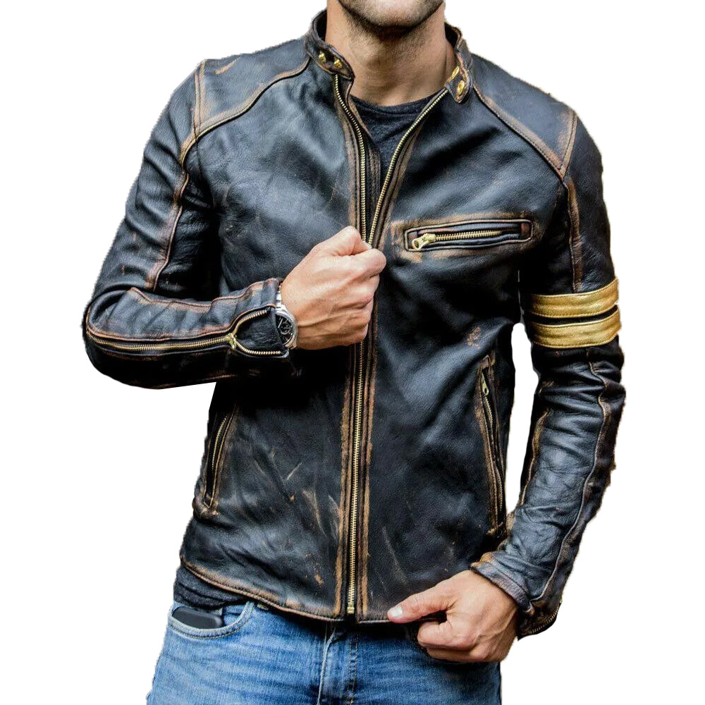 Men's Black Cafe Racer Leather Motorcycle Jacket