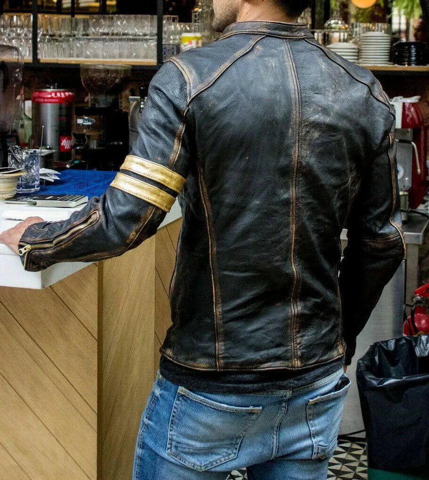 Men's Black Cafe Racer Leather Motorcycle Jacket