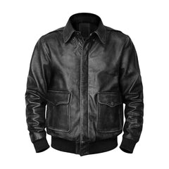 Men's black leather aviator bomber jacket with front pockets and ribbed cuffs