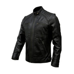 Men's black genuine leather biker jacket with quilted shoulders and zip pockets
