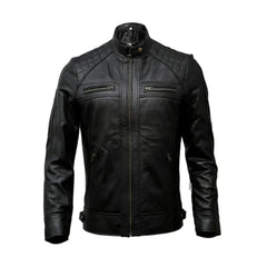 Men's black quilted leather biker jacket with zipper pockets and belted collar