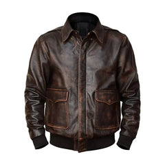 Men's dark brown bomber jacket with front pockets and ribbed cuffs on white background