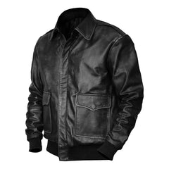 Men's distressed black leather bomber jacket with front pockets and ribbed cuffs