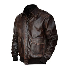 Men's distressed dark brown leather bomber jacket with front pockets and ribbed cuffs