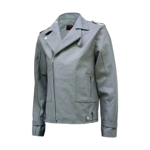 Biker Grey Lapel Style Genuine Leather Jacket