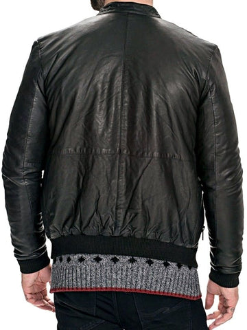 Mens Slim Fit Sheepskin Leather Bomber Jacket Black