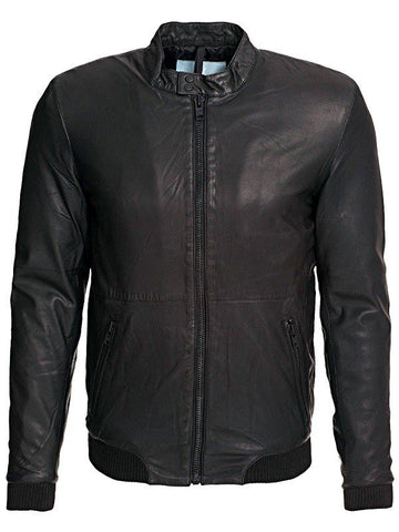 Mens Slim Fit Sheepskin Leather Bomber Jacket Black