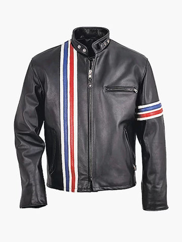 Mens Striped Biker Leather Jacket