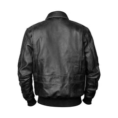 Men's vintage distressed black leather jacket, back view, ribbed hem and cuffs