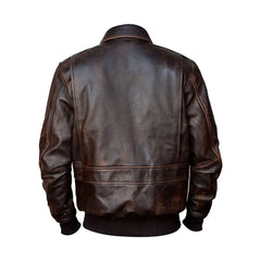 Men's vintage distressed dark brown leather jacket rear view on white background
