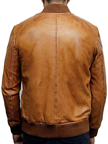 Mens Waxed Sheepskin Leather Bomber Jacket Tan / Brown