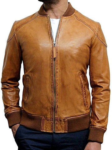 Mens Waxed Sheepskin Leather Bomber Jacket Tan / Brown