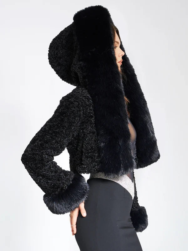 Plush Miss Circle Kali black hooded fur jacket