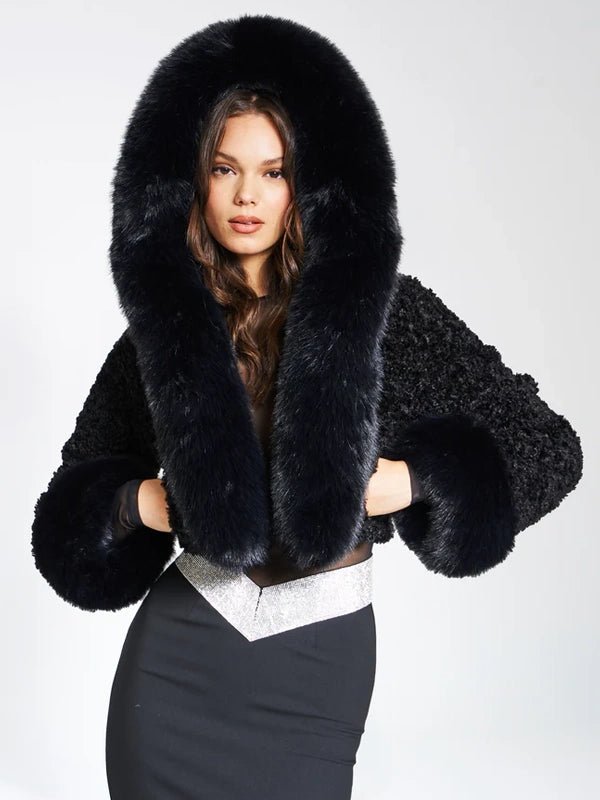 Black Miss Circle Kali oversized fur hood coat
