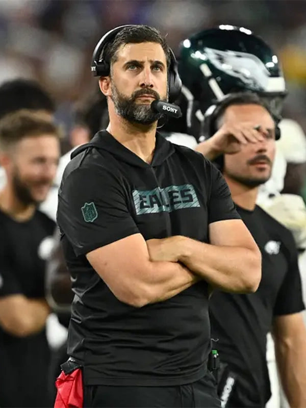 Nick Sirianni Eagles preseason black short sleeve hoodie sideline stadium