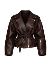 Oversized Brown Leather Moto Jacket Women