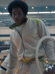 Panache Barker cream green track jacket close up arena