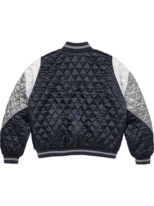 Supreme black and silver quilted satin varsity jacket front view