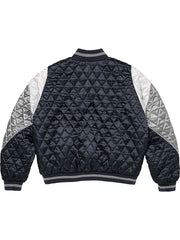 Supreme black and silver quilted satin varsity jacket front view