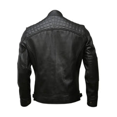 Back view of black quilted biker leather jacket with padded shoulders and classic fit