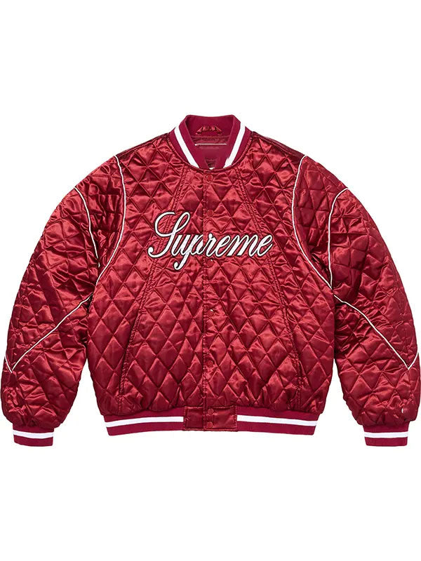 Supreme red quilted satin varsity jacket back view