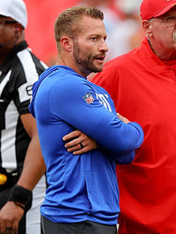 Sean McVay Rams hooded shirt sideline side view stadium